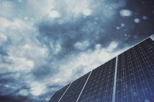 Close up of a solar panel with the sky in the background