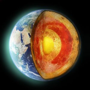 The earth with a section cut out to see the magma and core
