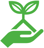 Green icon of a hand holding a plant