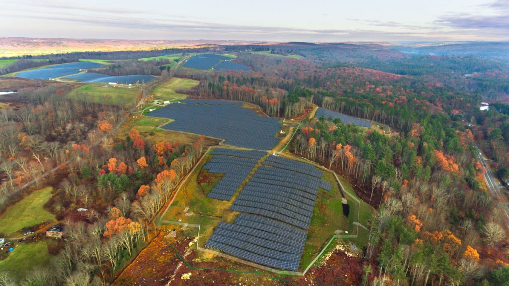 Bird's eye view of community solar garden at Spencer Street, Massachusetts