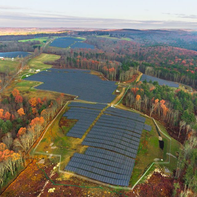 Bird's eye view of community solar garden at Spencer Street, Massachusetts