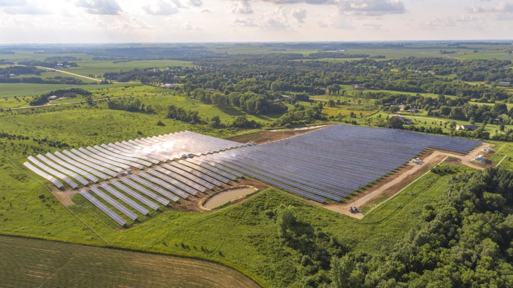 Aerial view of a community solar field