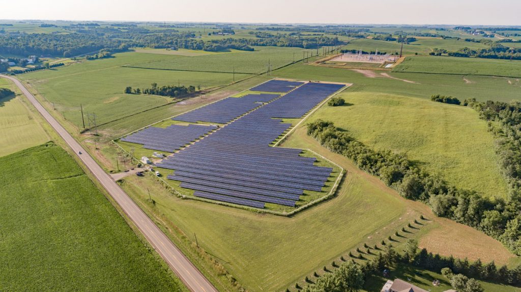 An aerial view of the Pine Island, Minnesota community solar garden