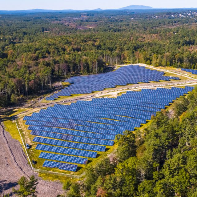 Community solar farms with blue solar panels surrounded by trees