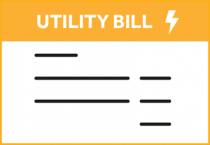 Orange box icon that says Utility Bill with an energy bolt