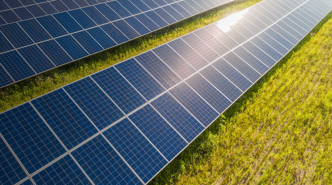 Rows of solar panels in a field of green grass