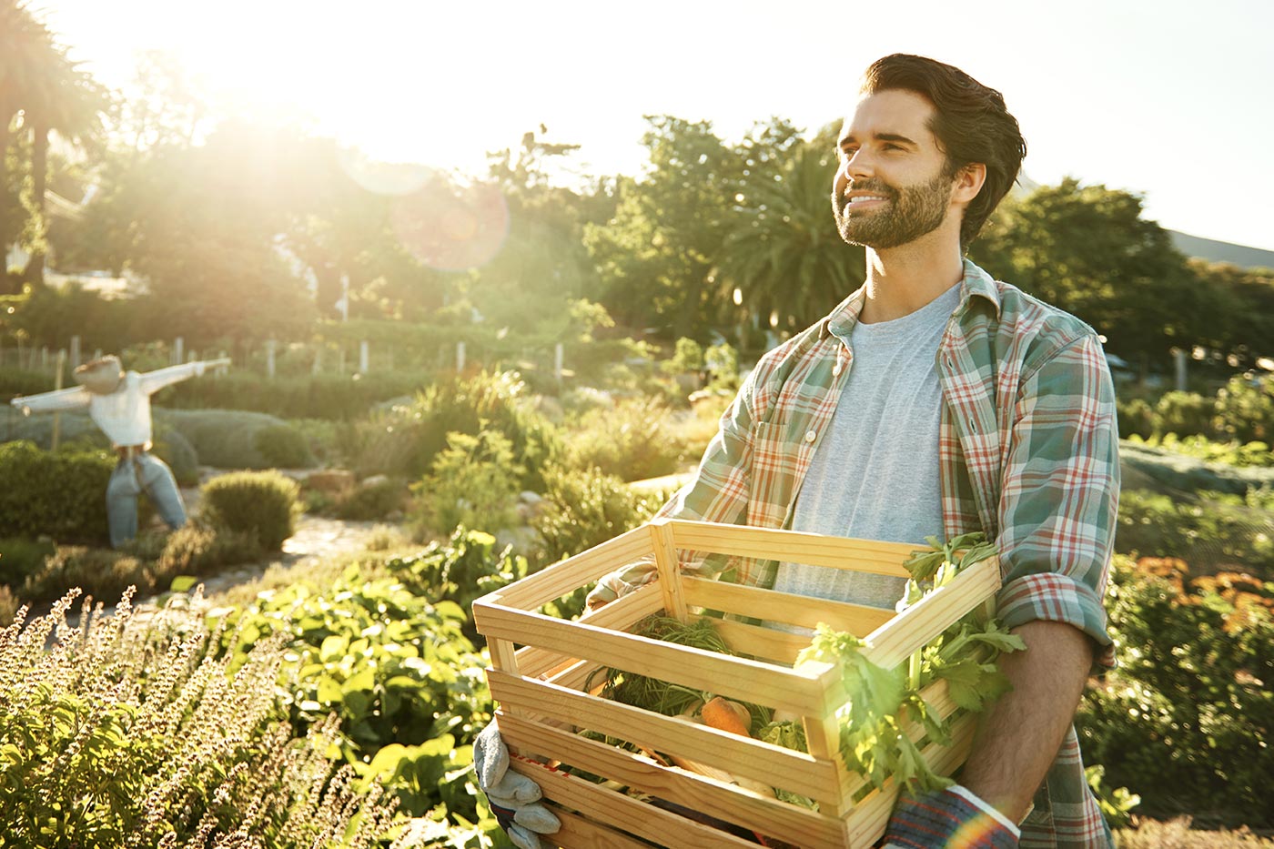 A man smiling while holding a basket full of fresh vegetables
