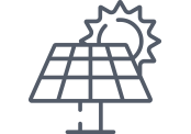 Grey icon of a solar panel with a sun behind it