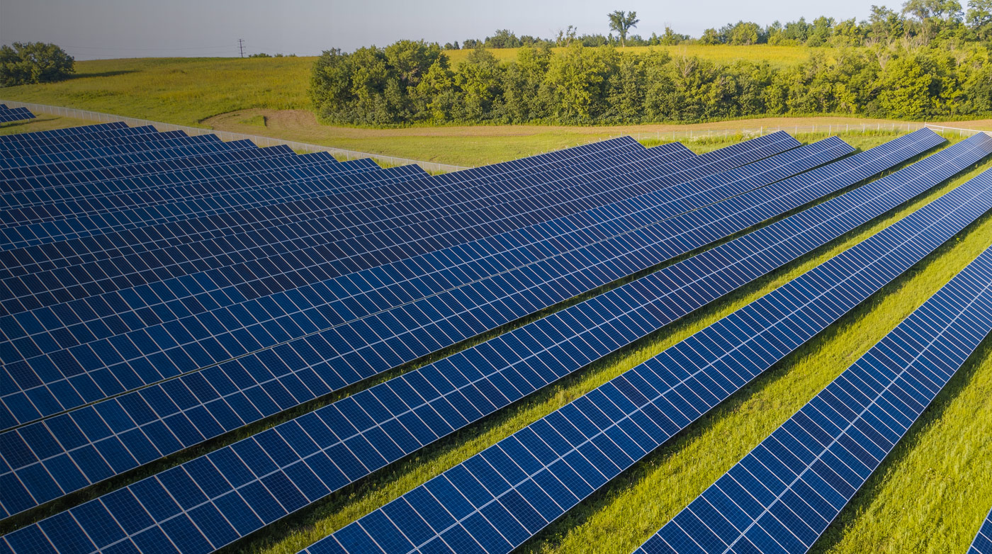 Rows of dark blue solar panels with trees in the background