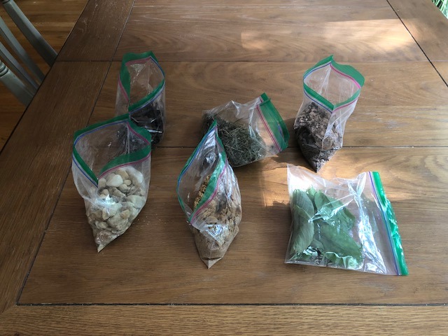 six ziploc bags filled with dirt, leaves, and grass cuttings
