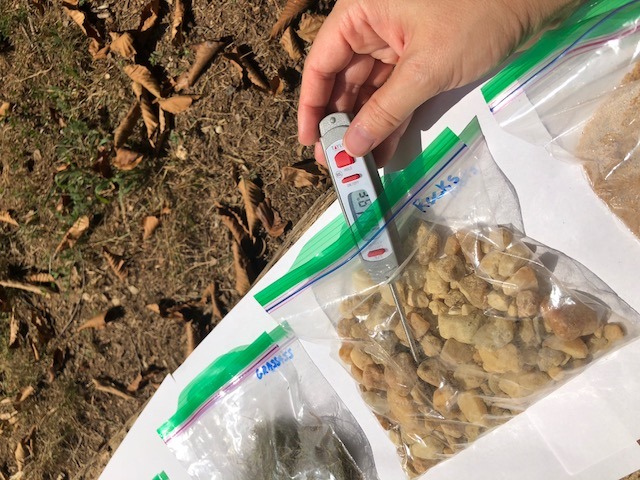 hand putting thermometer into ziploc bag labeled rocks