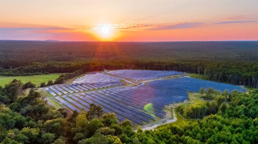 solar farm with setting sun in the background