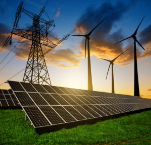 Solar panels with wind turbines and transmission tower