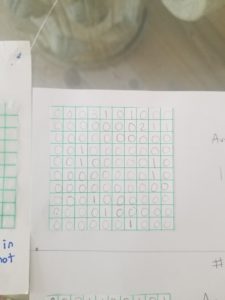 square of grid paper with written experiment recordings
