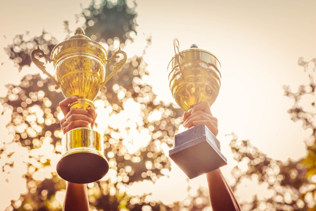 hands holding two trophies