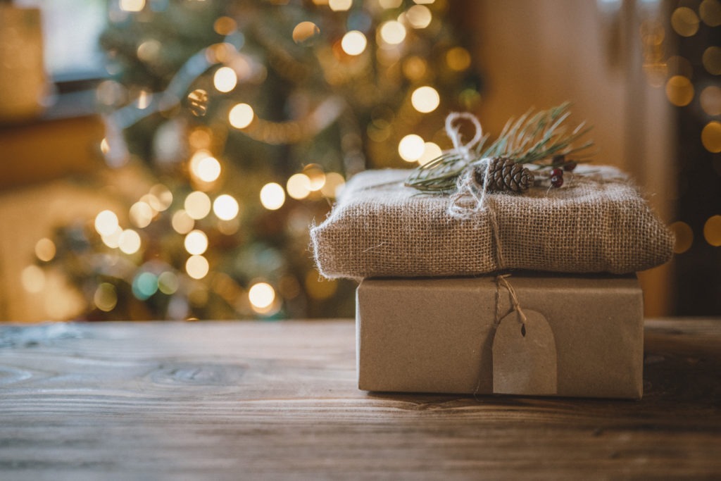 Photo of a Christmas gifts beautifully wrapped with only ecology friendly biodegradable decorations and materials