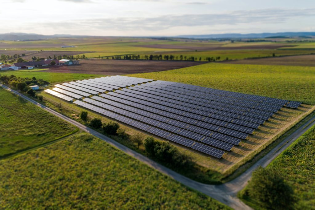 Photovoltaic solar panels in an open field of green grass