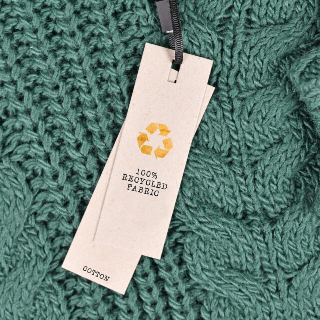 A green cotton cable-knit sweater with a “100% recycled fabric” tag