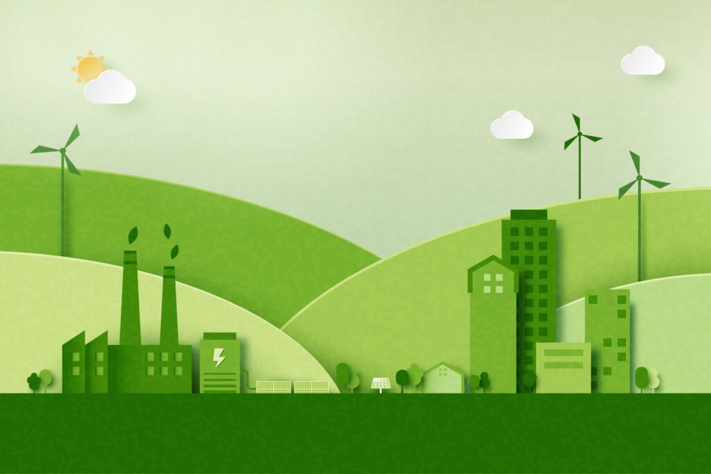 A cartoon animation of a green city.