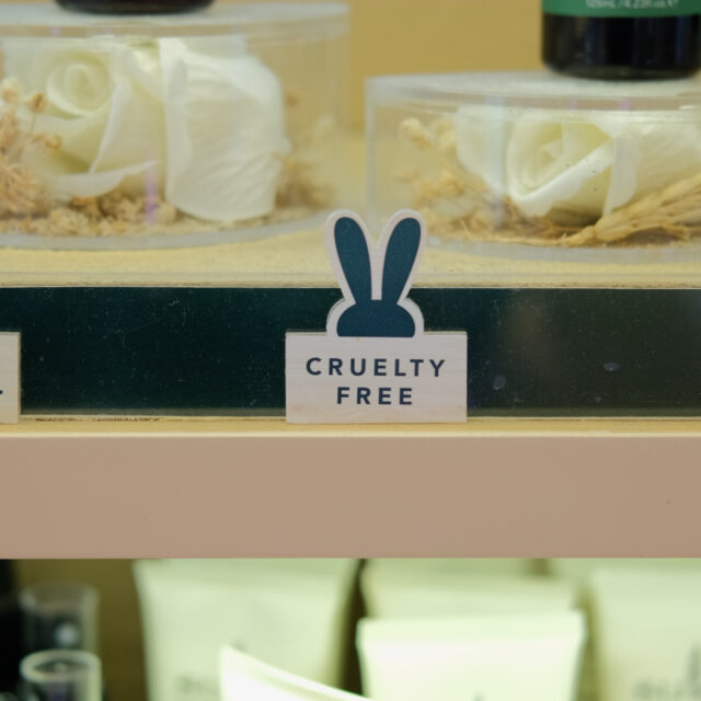 Store shelf with labels for ethical products, including vegan friendly, cruelty free, and recyclable packaging.