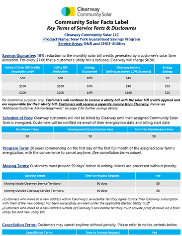 New York Community Solar Facts Label - Clearway Energy